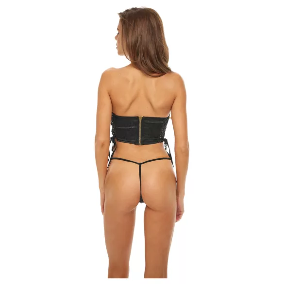 Bombshell - conjunto fetiche cropp, corpete e tanga leopardo - preto