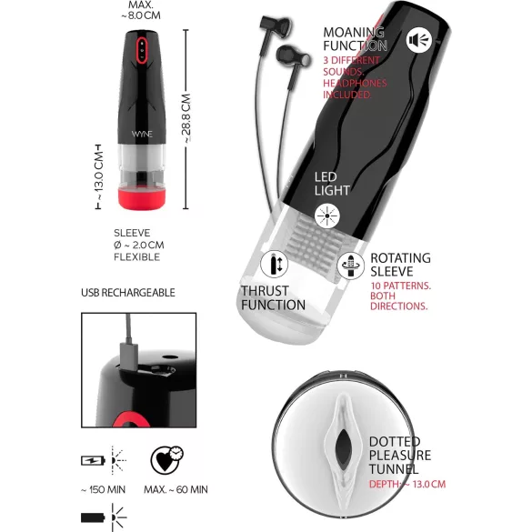 WYNE 05 - masturbador masculino rotativo recarregável - preto e branco