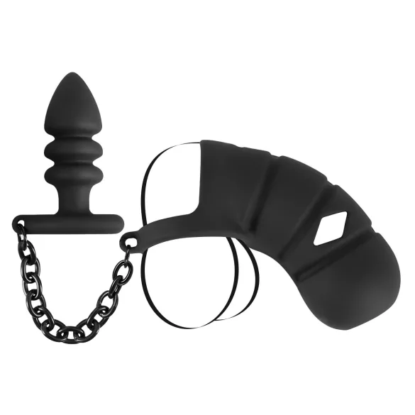 Black Velvets - jaula peniana de silicone com plug anal (preto)