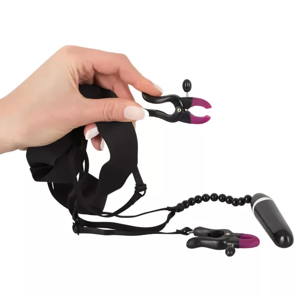 Bad Kitty - Clitóris vibratório com clips e calcinha - preto (S-L)