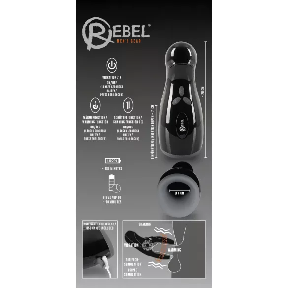 Rebel - Masturbador aquecido, vibrante e pulsante (preto)
