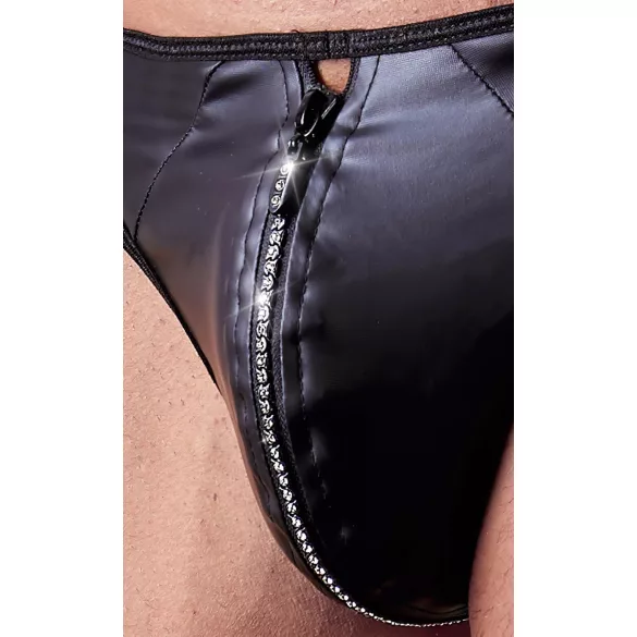 Svenjoyment - tanga masculino brilhante com zíper e strass - preto - 2XL