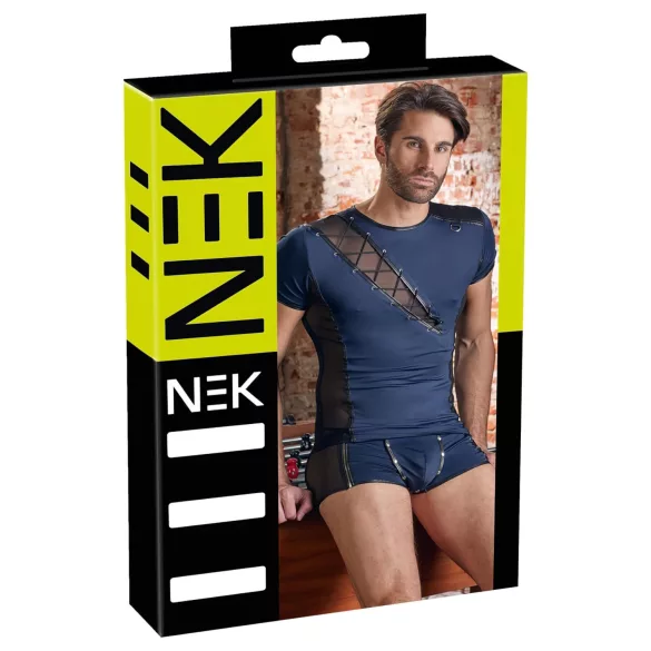 NEK - camisa masculina sexy com cordão e renda preta - azul