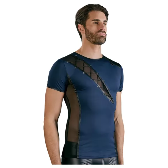 NEK - camisa masculina sexy com cordão e renda preta - azul - L