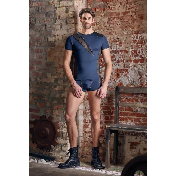 NEK - camisa masculina sexy com cordão e renda preta - azul - L