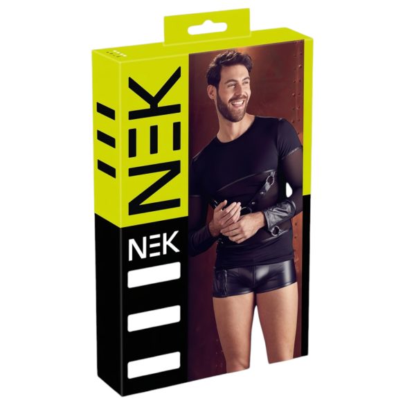 NEK - Camiseta Masculina Transpassada de Manga Longa (Preta) - XL