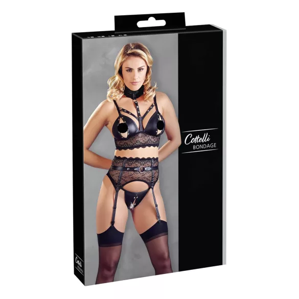 Cottelli Bondage - conjunto de lingerie rendada com algemas (preto) - L