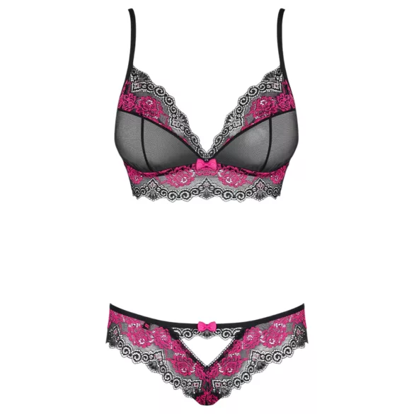 Obsessive Tulia - conjunto de lingerie rendada (preto‑rosa)
