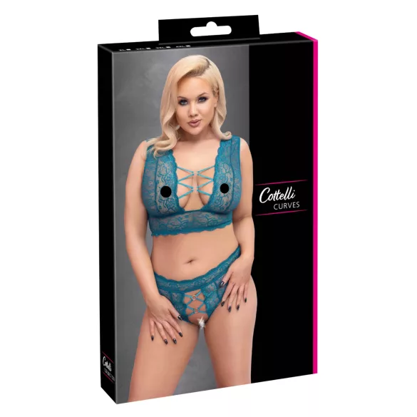 Cottelli Curves - conjunto de lingerie rendada com espartilho (azul) - 2XL