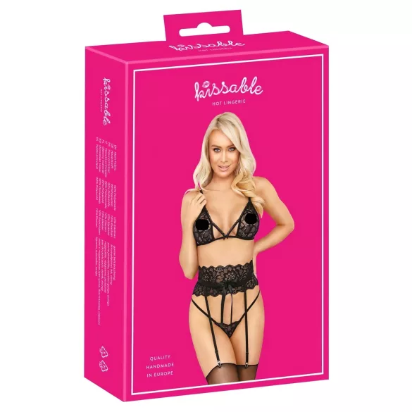 Kissable - conjunto de sutiã com cinta (preto) - L/XL