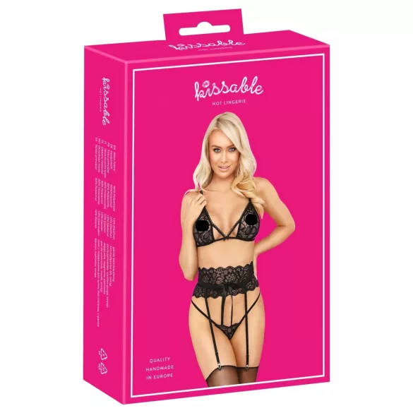 Kissable - conjunto de sutiã com cinta (preto) - L/XL