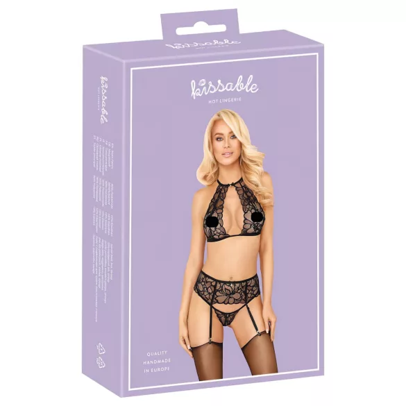Kissable - Conjunto de sutiã de renda com colar preto - L/XL