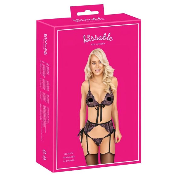 Beijável - conjunto de sutiã bordado rosa-lilás (preto)