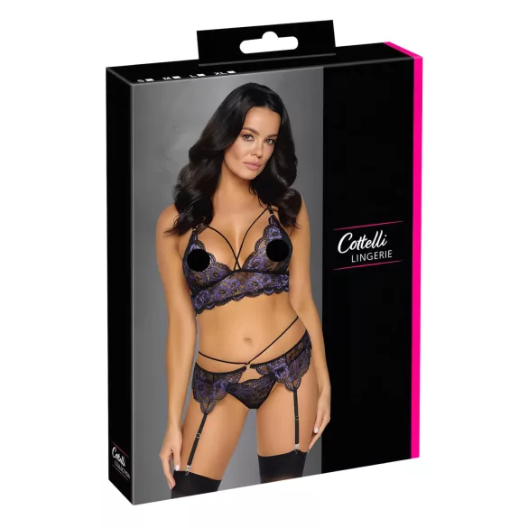 Cottelli - Conjunto de lingerie rendado 3 peças (preto-violeta) - L