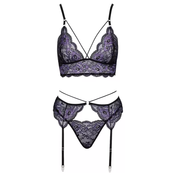 Cottelli - Conjunto de lingerie rendado 3 peças (preto-violeta) - L