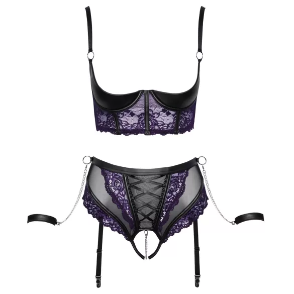 Cottelli Bondage - conjunto lingerie com algemas de braço - preto e roxo - M