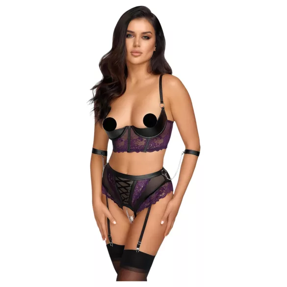 Cottelli Bondage - conjunto lingerie com algemas de braço - preto e roxo - XL
