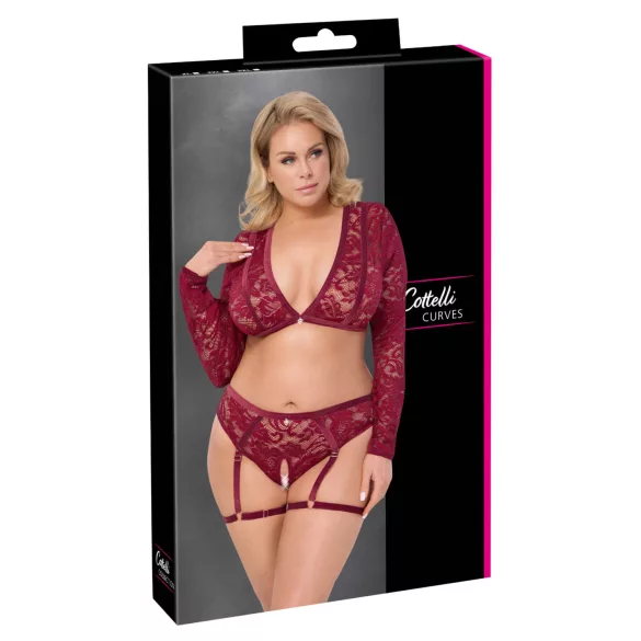 Cottelli Curves - conjunto lingerie plus size manga longa renda vermelho - 2XL