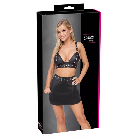 Cottelli - conjunto de top e minissaia de couro sintético (preto) - L