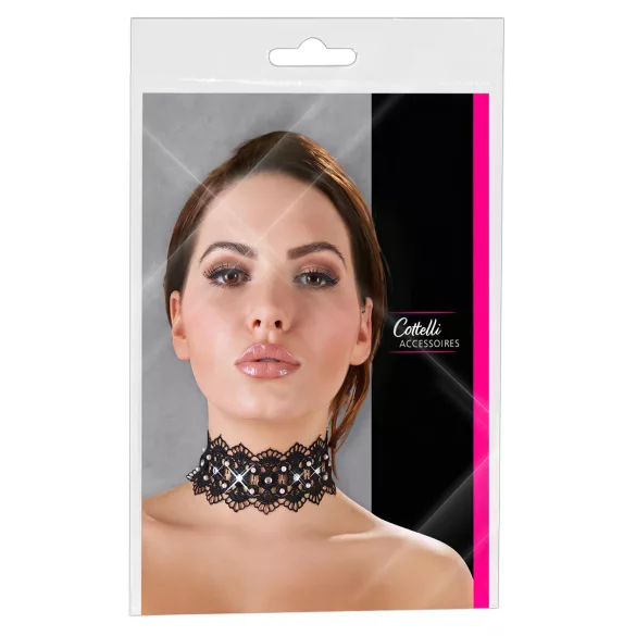 Cottelli - colar de renda com pérolas e strass - preto