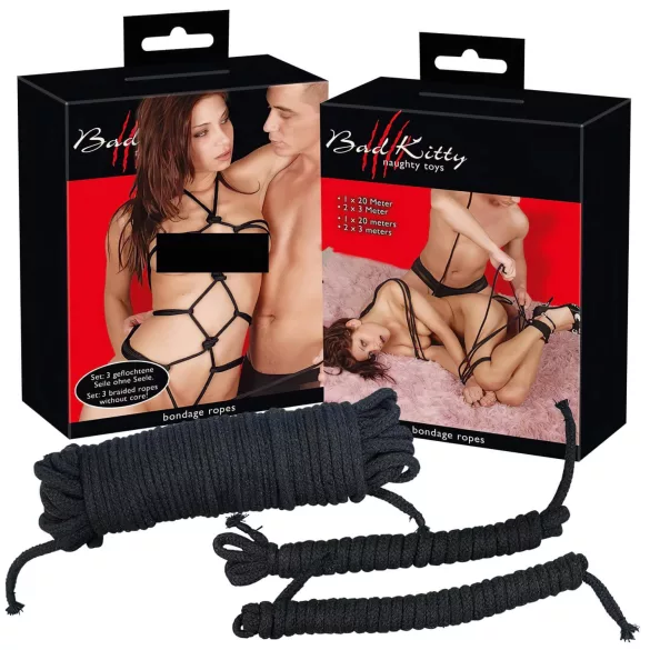 Bad Kitty - conjunto de cordas de bondage (20 m + 2x3 m, preto)