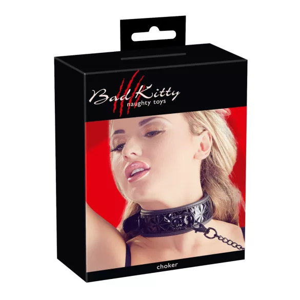 Bad Kitty - coleira e guia com pedras decorativas - couro sintético preto