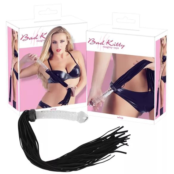 Bad Kitty - chicote couro com dildo de vidro - transparente/preto