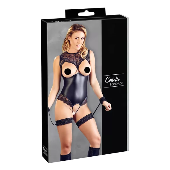 Cottelli Bondage - body aberto brilhante com algemas de braço - preto