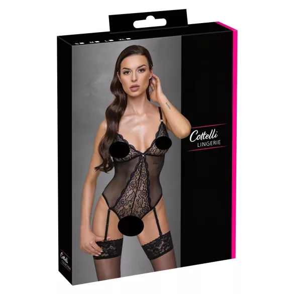 Cottelli - body aberto rendado com ligas - preto