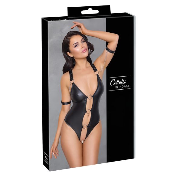 Cottelli Bondage: corpo brilhante e aberto com argolas (preto) - M
