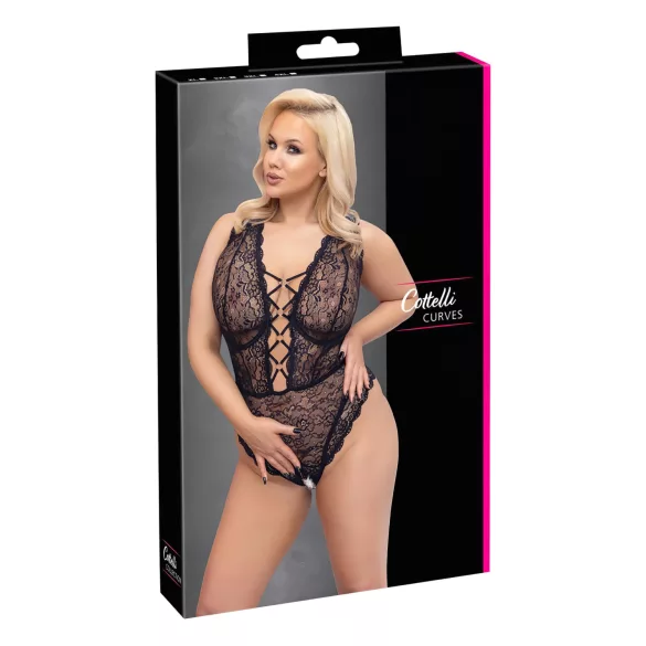 Cottelli Curves Plus Size - body lingerie transparente rendado - preto - 90D/XL