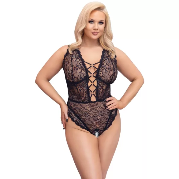 Cottelli Curves Plus Size - body lingerie transparente rendado - preto - 90D/XL