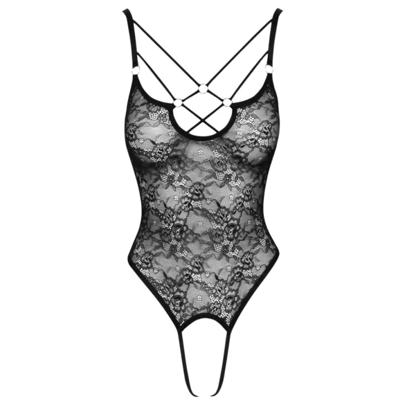 Cottelli - body feminino aberto transparente - renda preta - L