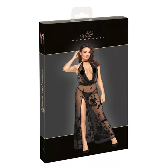 Noir - vestido longo floral completamente transparente (preto) - M