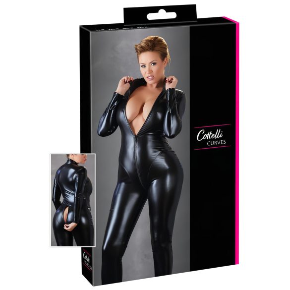 Cottelli Plus Size - Macacão preto brilhante de festa manga longa - 3XL