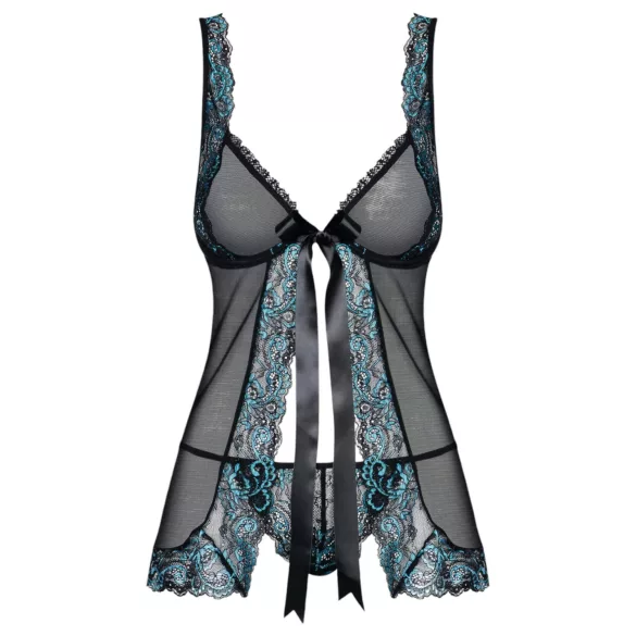 Obsessive - babydoll e tanga rendado - preto e turquesa - L/XL