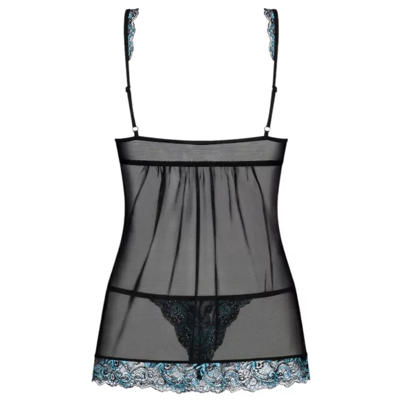 Obsessive - babydoll e tanga rendado - preto e turquesa - L/XL