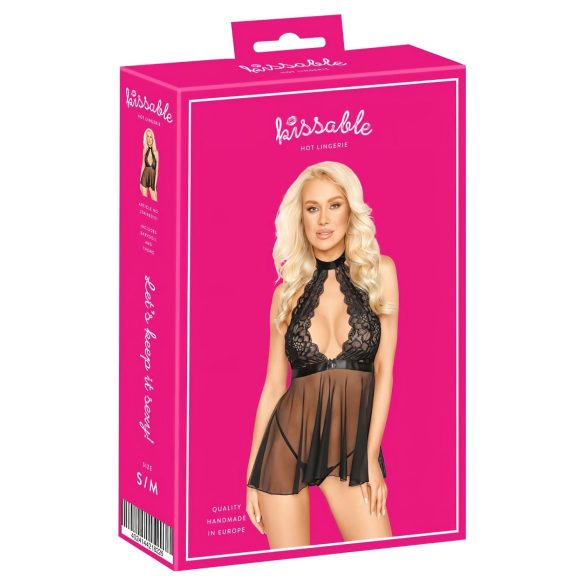 Kissable - elegante babydoll de renda com alça no pescoço (preto) - L/XL