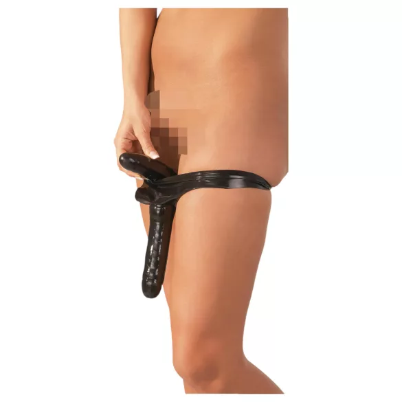 Latex - calcinha com dildo duplo interno e externo - preto (S-L)