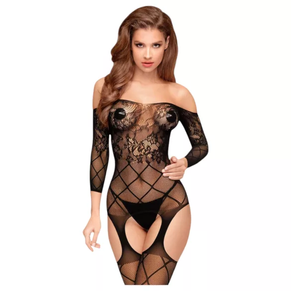 Penthouse Top-Notch - conjunto lingerie arrastão aberto - preto