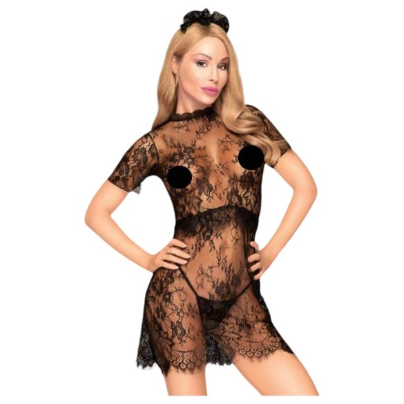Penthouse Poison Cookie - Vestido rendado, tanga e acessório de cabelo (preto) - M/L