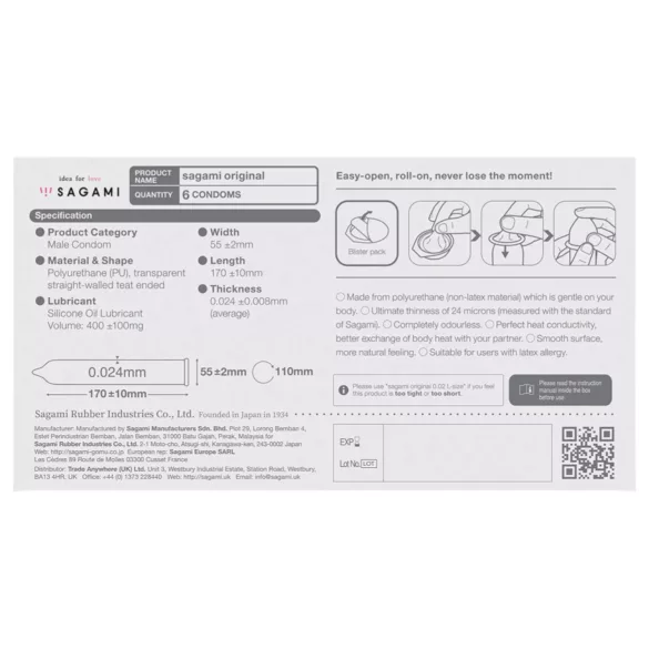 Sagami Original 0.02 - preservativo - ultra fino - 55mm (6 unidades)