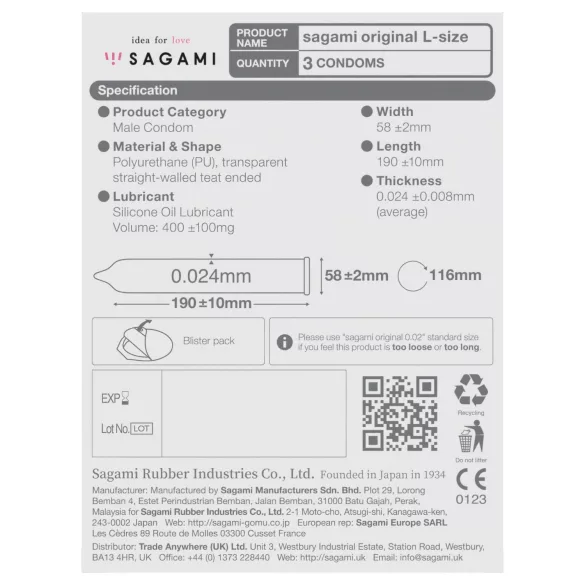 Sagami Original 0.02 L - preservativo ultrafino - 58mm - caixa com 3