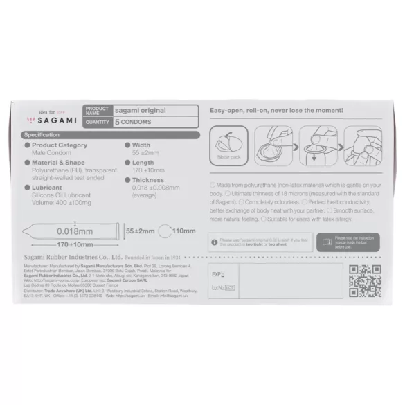 Sagami Original 0.01 - preservativo ultrafino - 55mm - 5 unidades