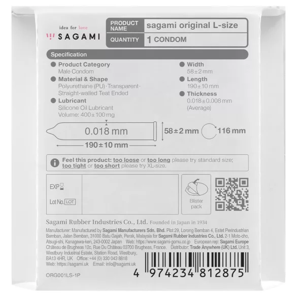 Sagami Original 0,01 L - preservativo ultrafino - 58mm - 1 unidade