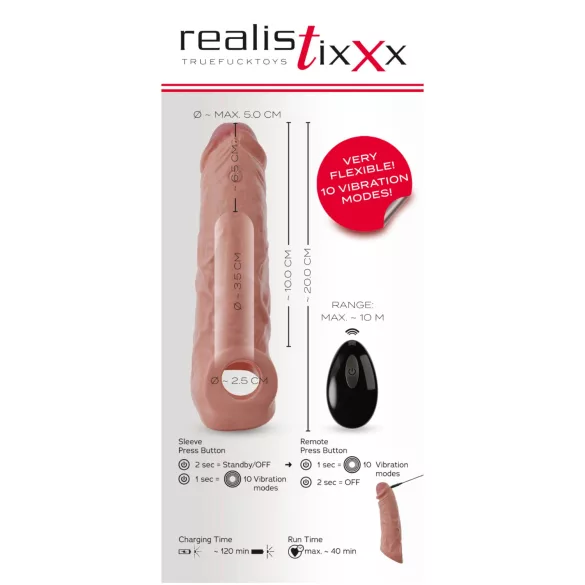 Realistixxx - capa peniana vibratória com controle remoto - cor natural 20cm
