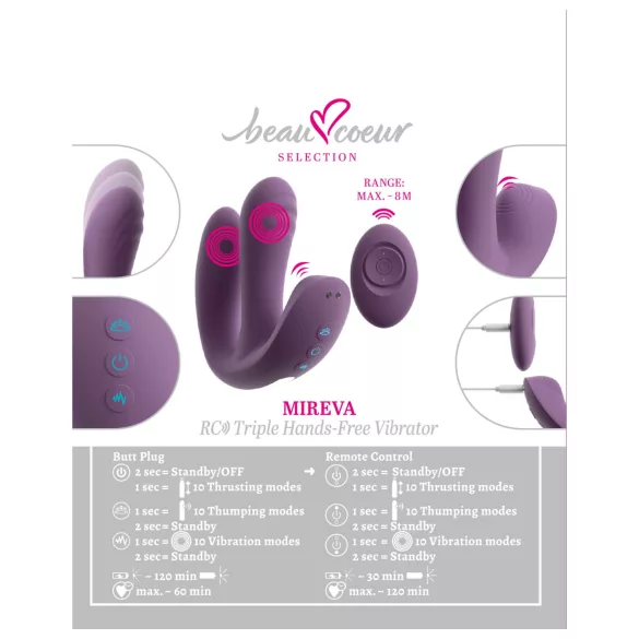 Beau Coeur Mireva - vibrador triplo com controle remoto - silicone roxo