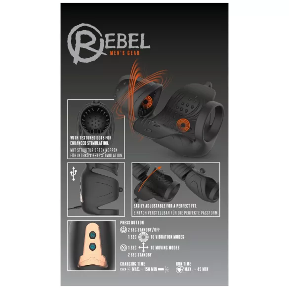 Rebel - vibrador peniano para homens com estimulador móvel da glande (preto)