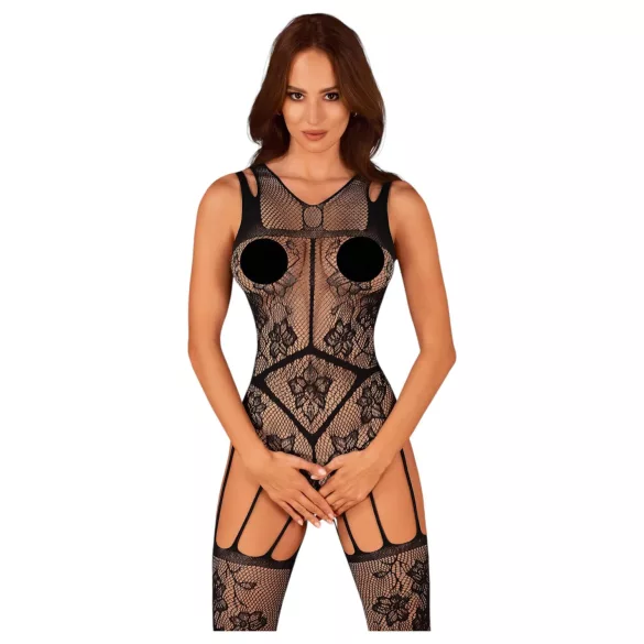 Obsessive - macacão arrastão aberto com estampa floral - preto - tamanho S-L