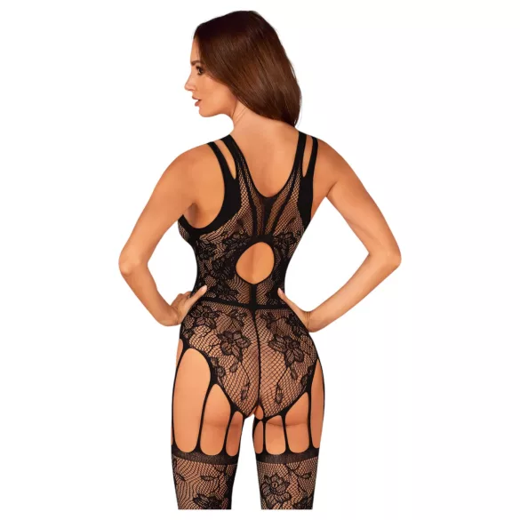 Obsessive - macacão arrastão aberto com estampa floral - preto - tamanho S-L
